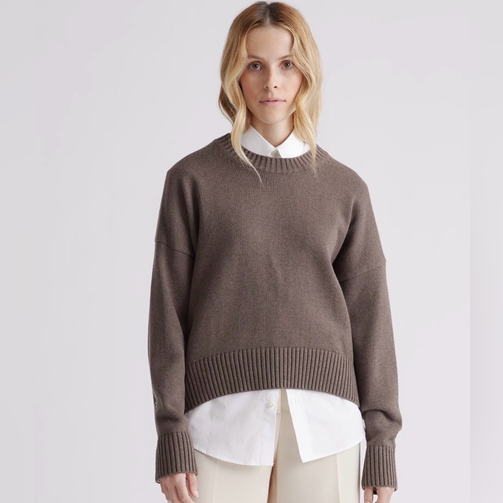 Quince 100% Organic Cotton Boyfriend Crew, Heather Brown, size small